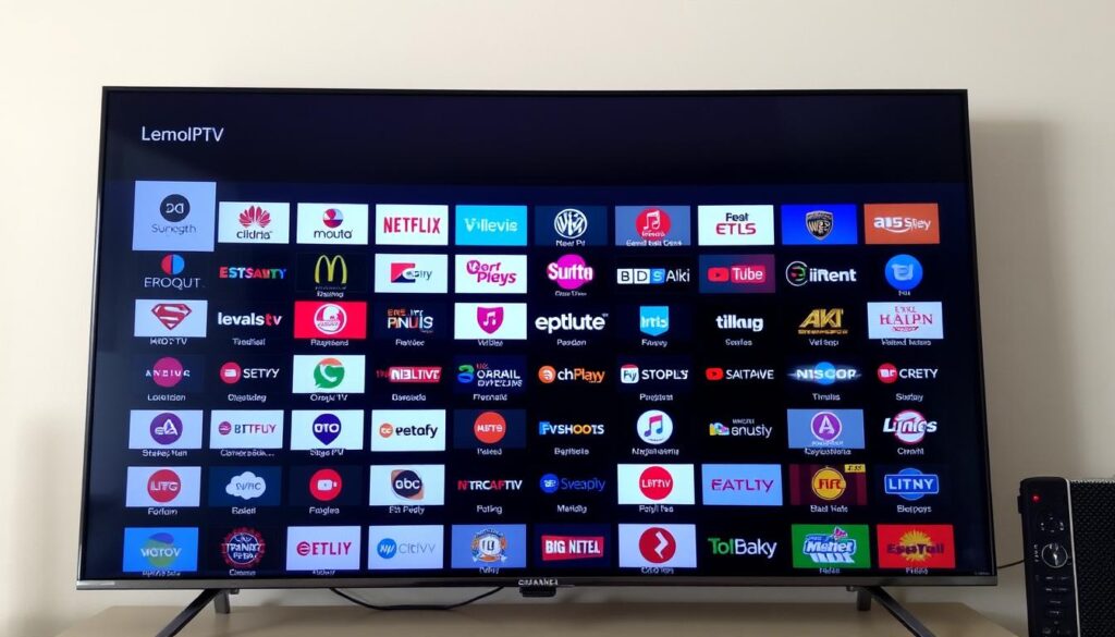 A detailed, high-resolution image of a TV screen displaying the extensive channel lineup of LemoIPTV. The screen shows a grid of channel logos and names, neatly organized and presented in a sleek, modern design. The background is a soft, neutral color that complements the vibrant channel icons. The lighting is natural and even, creating a clear, crisp display. The camera angle is slightly angled, giving a sense of depth and emphasizing the breadth of the channel selection. The overall mood is one of professionalism, quality, and a comprehensive entertainment experience. ca iptv