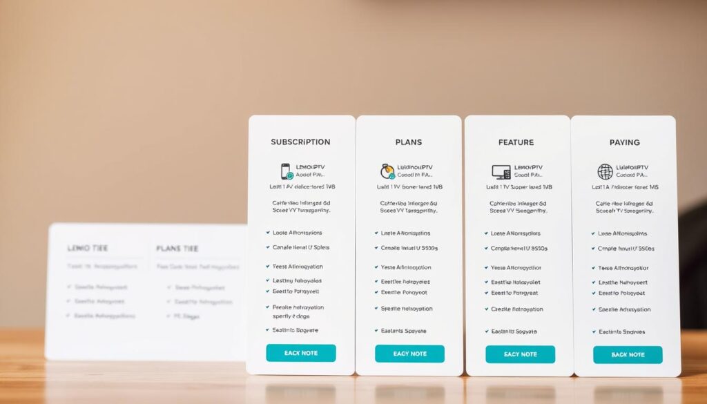 A high-quality, detailed image showcasing the LemoIPTV subscription plans, featuring a clean, modern layout with a clear hierarchy of information. The foreground should prominently display the different plan tiers, each with its own distinct pricing and feature set, presented in a visually appealing manner. The middle ground could include graphical elements like icons or subtle patterns to enhance the design, while the background should have a soft, blurred effect to maintain focus on the key details. Utilize a warm, slightly muted color palette to convey a sense of professionalism and trustworthiness, with careful attention to lighting and shadows to create depth and dimension. The overall composition should be balanced, visually striking, and effectively communicate the available subscription options to the viewer. iptv quebec