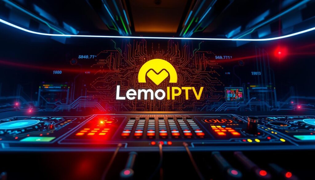 A high-tech control panel displaying a vibrant LemoIPTV logo against a sleek, dark backdrop. Glowing holographic interfaces and digital readouts float in the foreground, showcasing the advanced streaming technology. Beams of neon light trace intricate circuits, creating an immersive, futuristic atmosphere. Subtle lens flares and depth of field blur accentuate the sense of depth and sophistication. The overall composition conveys the power, precision, and cutting-edge nature of the LemoIPTV streaming solution. iptv near me