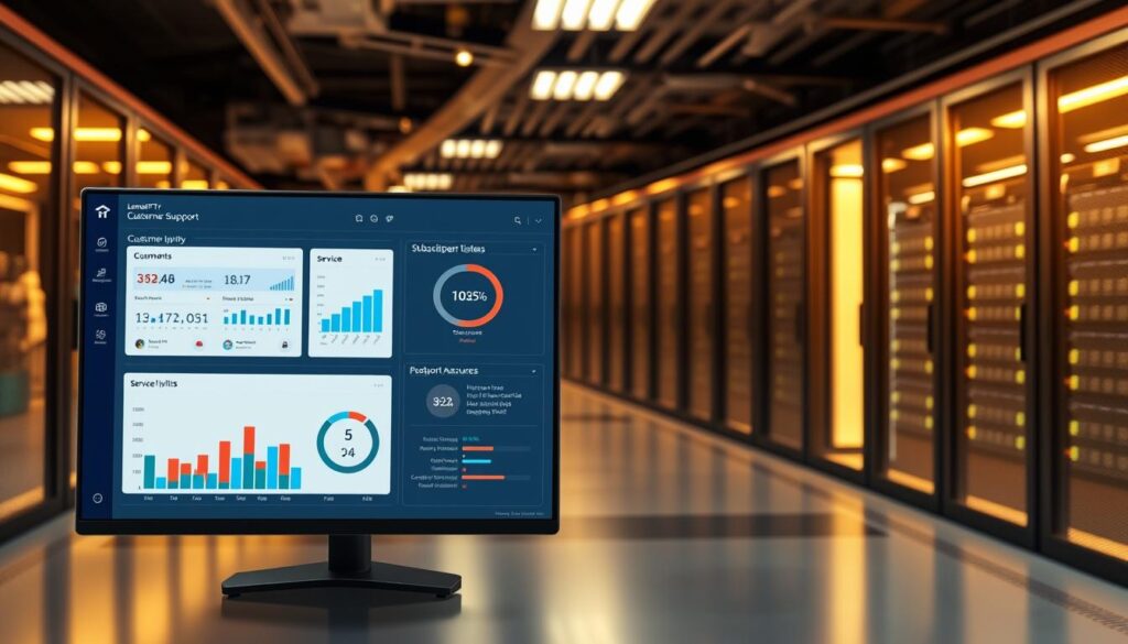 A modern and intuitive customer support dashboard for the LemoIPTV platform. In the foreground, a sleek user interface displays real-time metrics on subscriber activity, service uptime, and incident reports. The middle ground showcases customizable widgets for managing customer tickets, monitoring network performance, and accessing support resources. In the background, a panoramic view of a data center filled with state-of-the-art servers and cooling systems, bathed in a warm, ambient lighting that conveys a sense of reliability and technical prowess. The overall atmosphere is one of professionalism, efficiency, and a steadfast commitment to delivering a seamless IPTV experience to LemoIPTV customers in Canada. iptv quebec
