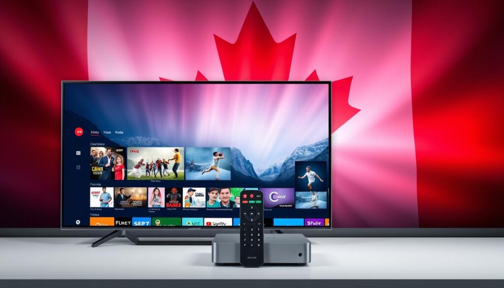 A modern and sleek IPTV streaming solution set against a backdrop of the Canadian flag. In the foreground, a high-resolution display showcases a diverse range of content, from popular movies and TV shows to live sports events. The middle ground features a stylish remote control and a compact, minimalist IPTV box, seamlessly blending form and function. The background is dominated by a vibrant, aurora-like lighting effect, capturing the essence of Canada's natural beauty. The overall composition conveys a sense of cutting-edge technology, convenience, and a comprehensive entertainment experience tailored for Canadian viewers. iptv best canada