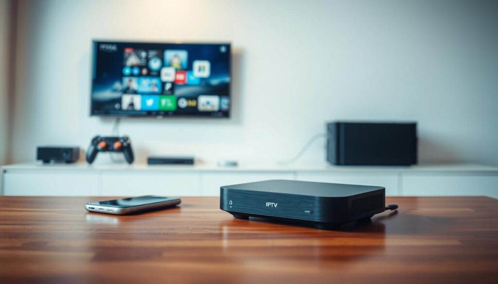A modern, sleek IPTV device resting on a polished wooden table, its minimalist design highlighted by soft, directional lighting. In the background, a clean, white wall showcases various compatible devices - a smart TV, a gaming console, and a smartphone - all seamlessly connected, illustrating the multi-device compatibility of the IPTV setup. The composition emphasizes the ease and versatility of the system, inviting the viewer to imagine the effortless integration of their home entertainment experience. lemo canada