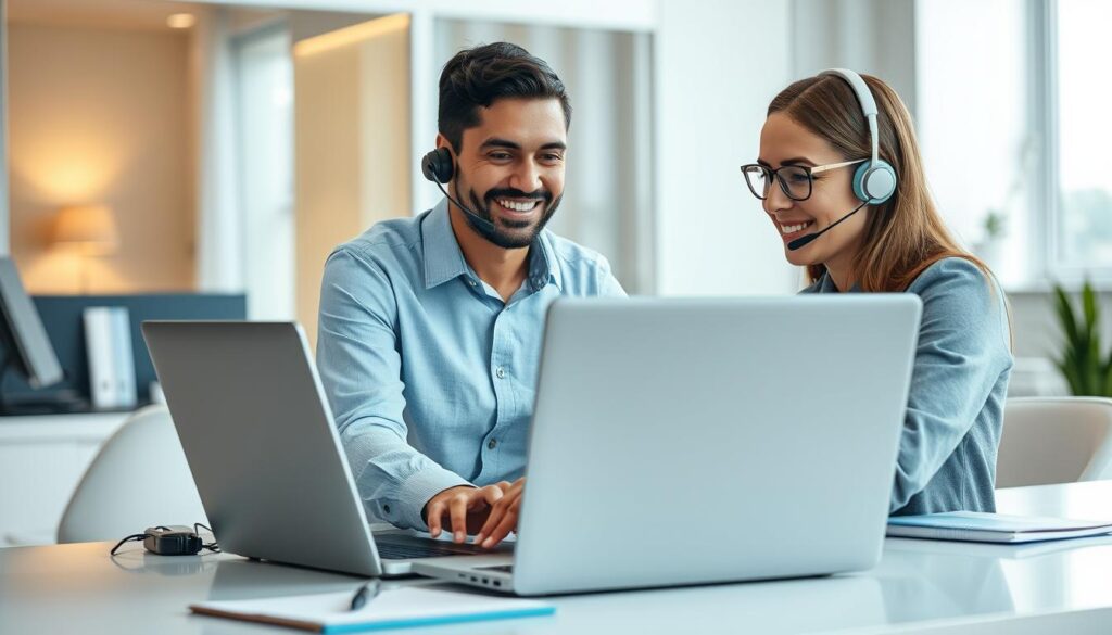 A well-lit and professional office setting with a customer service representative assisting a client over a laptop computer. The agent has a warm, friendly expression and is dressed in a smart, collared shirt. The background features a sleek, modern desk with a headset, notepad, and other office supplies. Soft, diffused lighting illuminates the scene, creating a welcoming and efficient atmosphere. The angle is slightly elevated, conveying a sense of attentive service and support. The overall impression is one of a reliable, 24/7 customer assistance team ready to address any technical issues or inquiries. iptv best canada