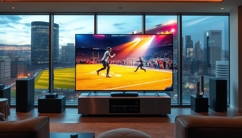 A high-quality, cinematic image of a vibrant and dynamic live sports or entertainment event streaming on a large, high-definition display. The screen shows a thrilling sporting match or captivating live performance, with the action and energy of the event pouring out into the room. The display is positioned prominently in the foreground, surrounded by a modern, minimalist home entertainment setup with sleek, brushed metal components and subtle ambient lighting. In the background, glimpses of a contemporary living space with large windows offering a scenic view of a city skyline at night, creating a sense of urban sophistication. The overall mood is one of immersion, excitement, and the thrill of experiencing live, high-quality digital entertainment in the comfort of one's own home. lemo canada